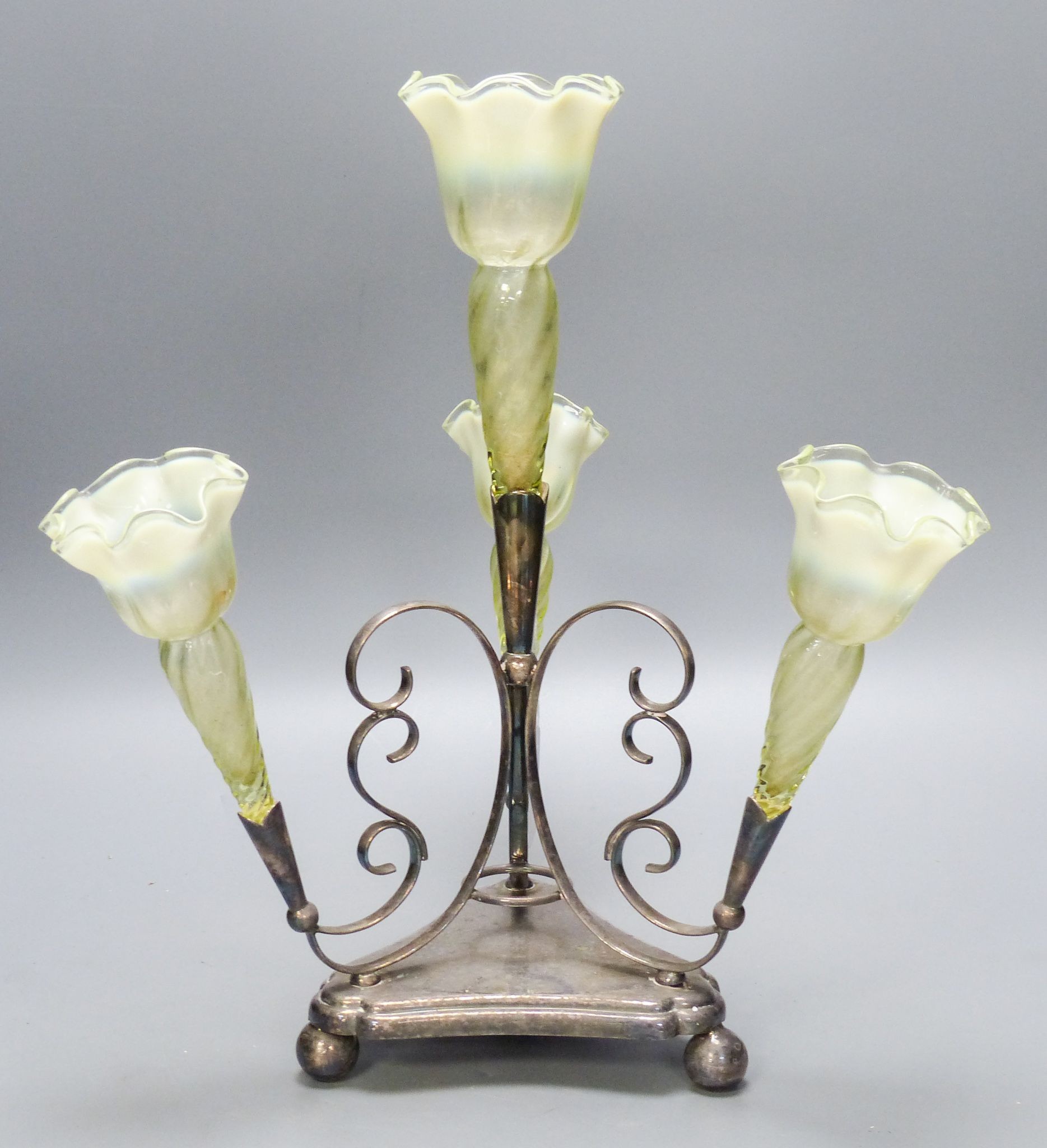 A late Victorian electroplate and vaseline glass epergne 39cm